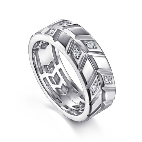 Faceted Diamond Fashion Men's Ring in 14K White Gold - 4