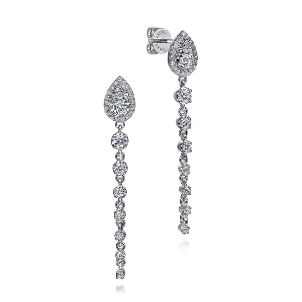14K White Gold Graduating Diamond Stud Drop Earrings - 1