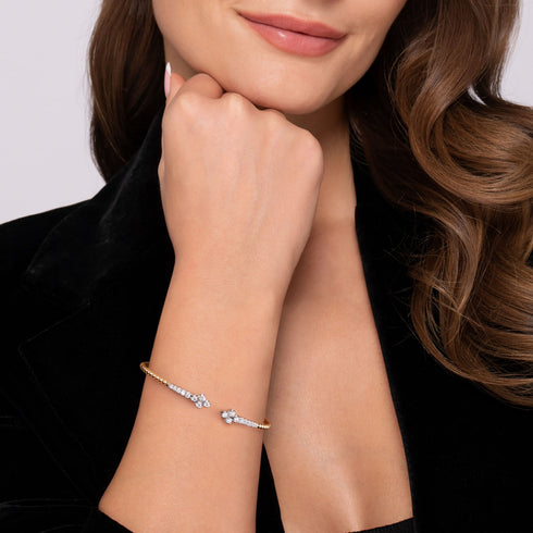 Bujukan 14K White and Yellow Gold Diamond Clover Open Bangle Bracelet - 4
