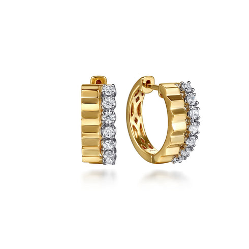 Contemporary 14K White and Yellow Gold Diamond Cut Huggie Earrings - 2