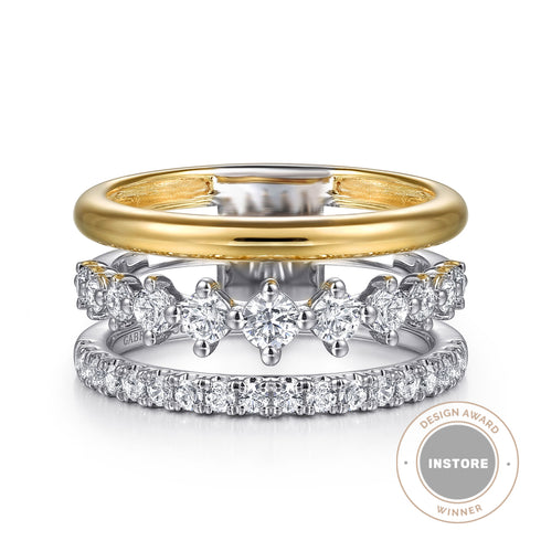 Graduating Diamond Easy Stackable Ring in 14K White and Yellow Gold - 2