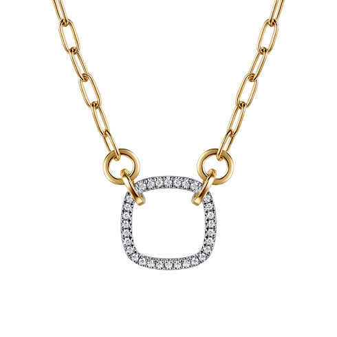 Open Cushion Shape Diamond Hollow Paperclip Chain Necklace in 14K White and Yellow Gold - 2