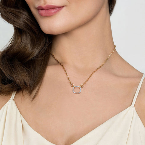 Open Cushion Shape Diamond Hollow Paperclip Chain Necklace in 14K White and Yellow Gold - 4