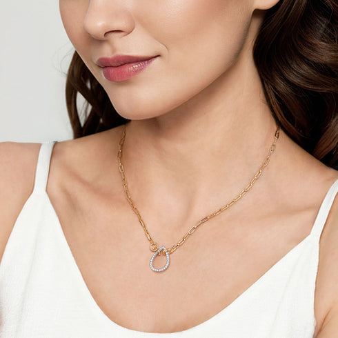 Open Teardrop Diamond Hollow Paperclip Chain Necklace in 14K White and Yellow Gold - 4