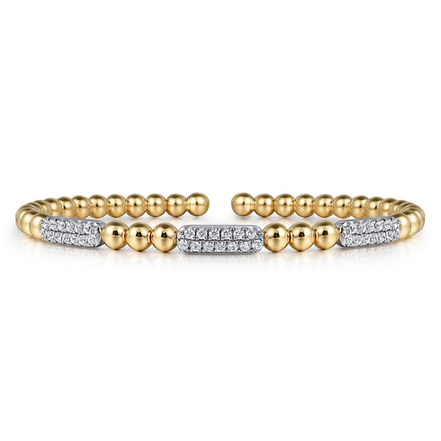 Bujukan Diamond Pave Three Station Bar Bangle Bracelet in 14K White and Yellow Gold - 2