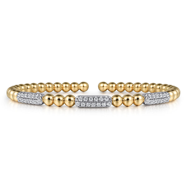 Bujukan Diamond Pave Three Station Bar Bangle Bracelet in 14K White and Yellow Gold - 2