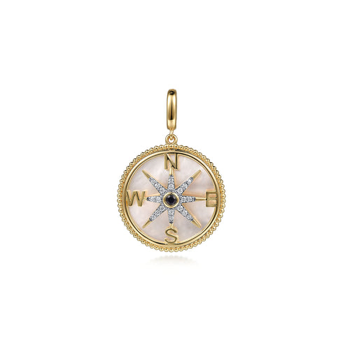 Diamond Blue Sapphire Compass Medallion Pendant in 14K Yellow Gold - 2