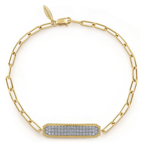 Bujukan 14K Yellow Gold Diamond Pave Wide Bar Hollow Chain Bracelet - 2