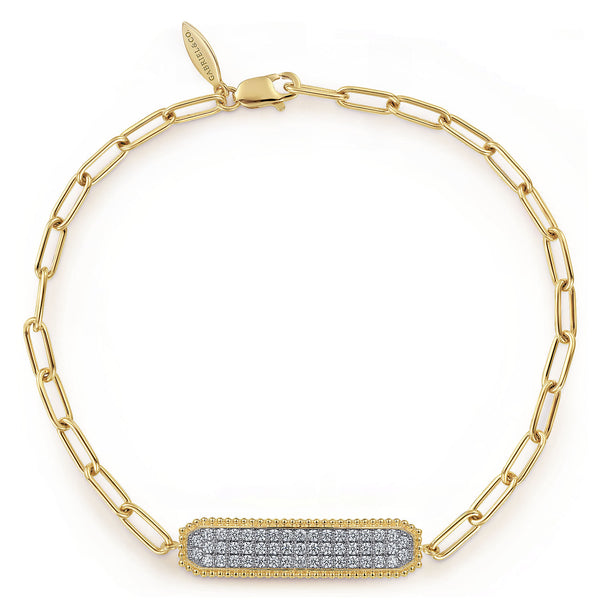 Bujukan 14K Yellow Gold Diamond Pave Wide Bar Hollow Chain Bracelet - 2