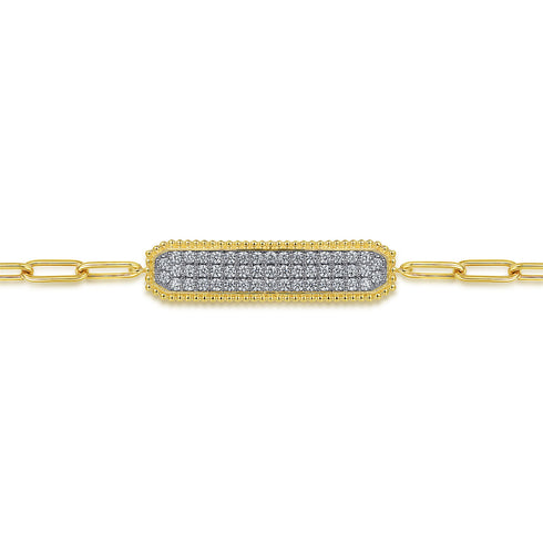 Bujukan 14K Yellow Gold Diamond Pave Wide Bar Hollow Chain Bracelet - 3