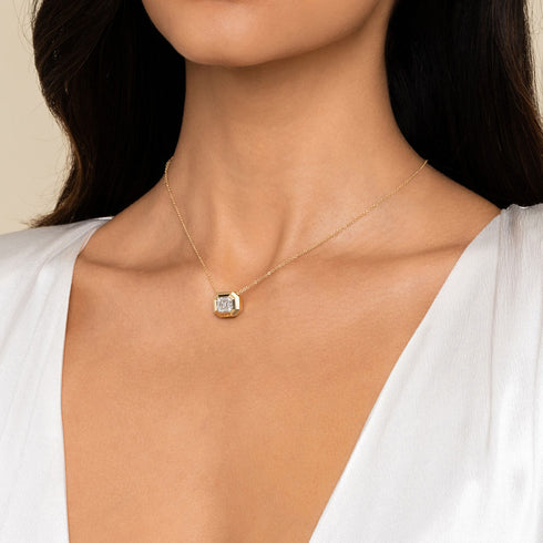 Geometric Baguette and Round Diamond Pendant Necklace in 14K Yellow Gold - 4