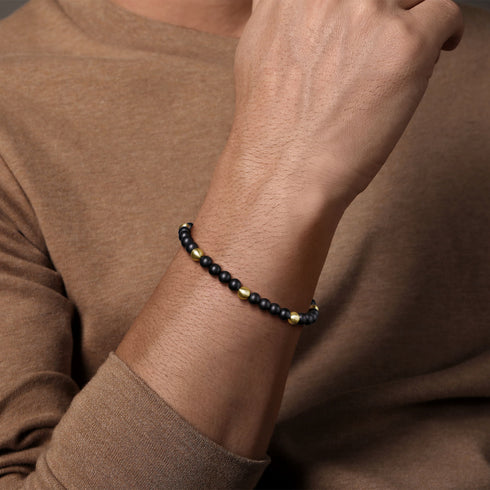 Bujukan 14K Yellow Gold and Black Titanium Sandblast Men's Beaded Bracelet - 4