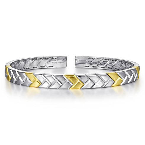 Facets 14K Yellow-White Gold Open Herringbone Cuff Bangle - 1