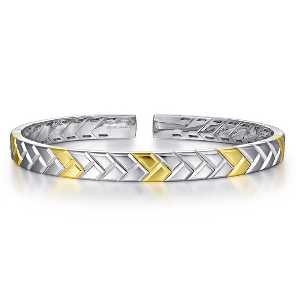 Facets 14K Yellow-White Gold Open Herringbone Cuff Bangle - 1
