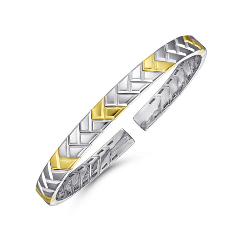 Facets 14K Yellow-White Gold Open Herringbone Cuff Bangle - 3