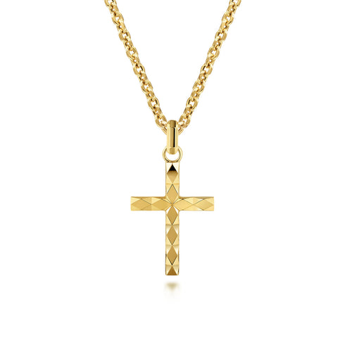 22 Inch 14K Yellow Gold Faceted Cross Pendant Necklace - 1
