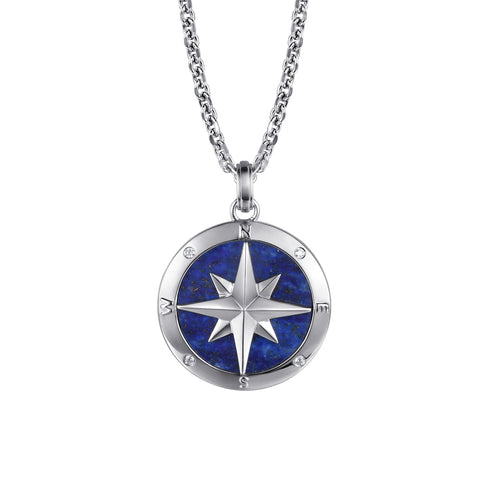 Diamond and Lapis Compass Pendant Necklace in Sterling Silver - 2