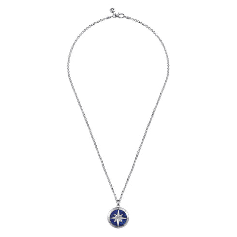 Diamond and Lapis Compass Pendant Necklace in Sterling Silver - 4