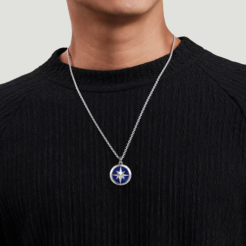 Diamond and Lapis Compass Pendant Necklace in Sterling Silver - 5