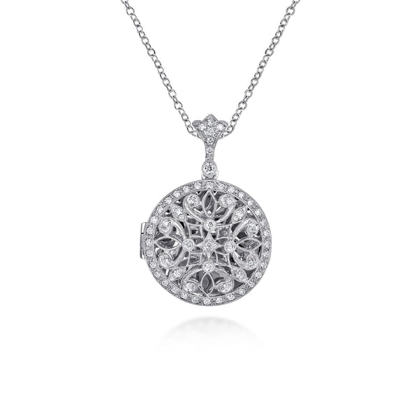 Vintage Inspired 14K White Gold Filigree Diamond Locket Necklace - 1