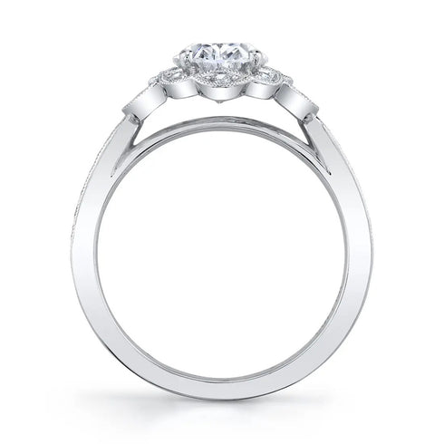 Oval Diamond Floral Halo Engagement Ring with Milgrain - 2
