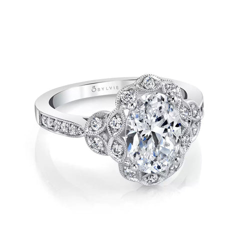 Oval Diamond Floral Halo Engagement Ring with Milgrain - 3
