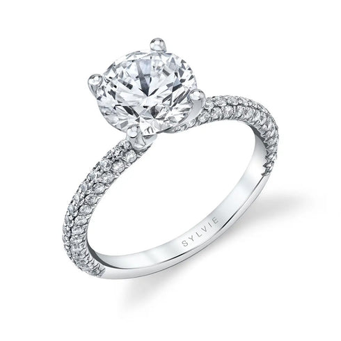 Round Brilliant Engagement Ring with Triple Row Micro-Pavé Band - 1