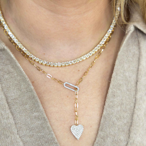 Yellow Gold Lariat Paperclip Necklace With Diamond Heart Pendant - 2