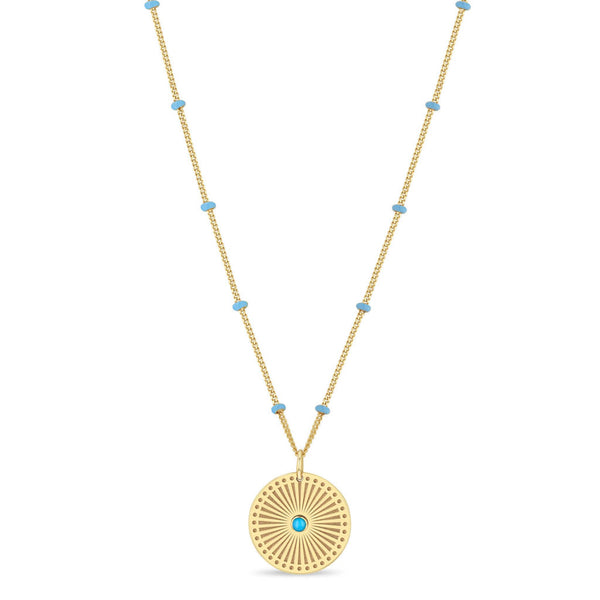 14k Gold Turquoise Sunbeam Medallion Satellite Chain Necklace - 1
