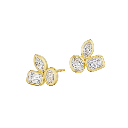 3 Diamond Bezel Cluster Stud Earrings - 1