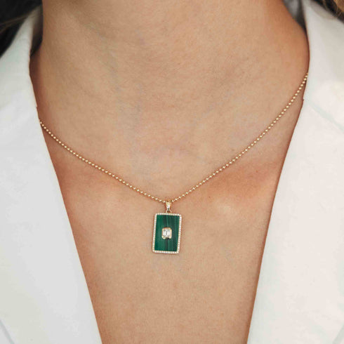 14K Gold Emerald Cut Diamond Medallion in Malachite - 0.37ct - 2