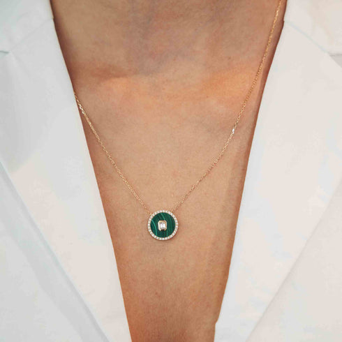 14K Gold Diamond & Malachite Medallion Necklace - 2