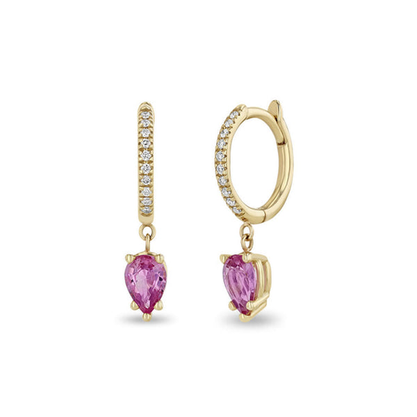 14k Medium Pavé Diamond Hinge Huggie Hoops with Pear Pink Sapphires - 2