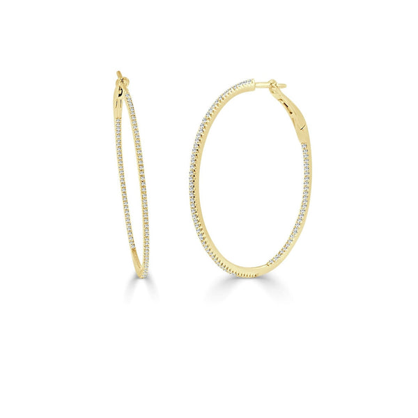 14k Gold & Diamond Skinny Hoop Earrings 1.5" - 0.57ct - 2