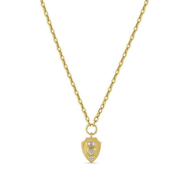 14k Mixed Cut Diamond Brushed Gold Shield Pendant Necklace - 2