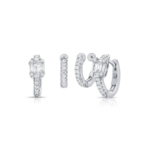 Baguettes And Round Diamond Two Piece Huggie Earrings - 1