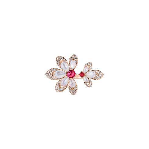 Tiare Diamond, Rubellite, and Mother of Pearl Split Flower Ring - 1