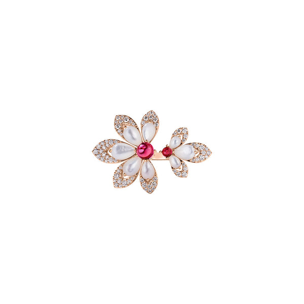 Tiare Diamond, Rubellite, and Mother of Pearl Split Flower Ring - 1