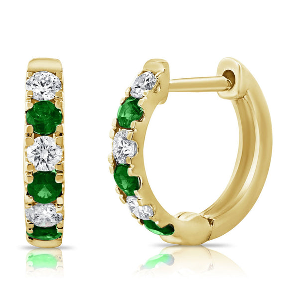 14K Gold Emerald & Diamond Alternating Huggie Earring - 1