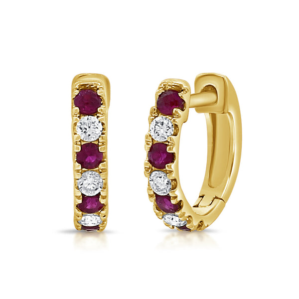 14K Gold Alternating Gemstone & Diamond Huggie Earrings - 1