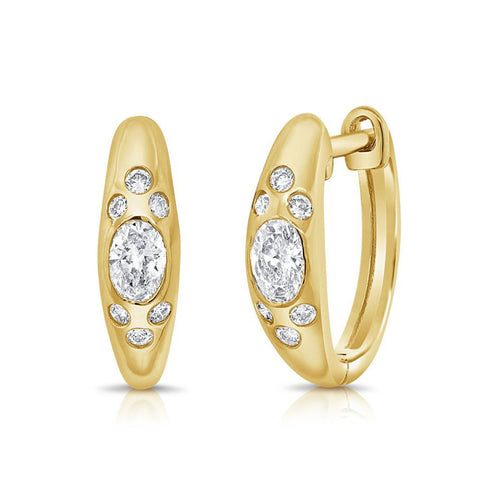 Oval Shape And Round Diamond Bezel Set Huggie Earrings - 1