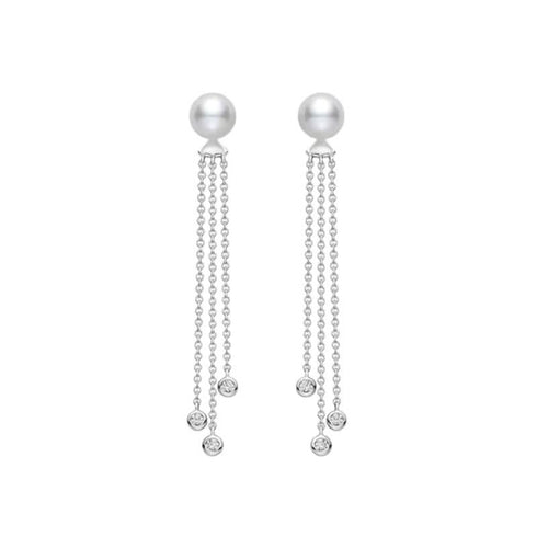 Akoya Cultured Pearl and Diamond Dangle Drop Earrings in 18K White Gold - 1
