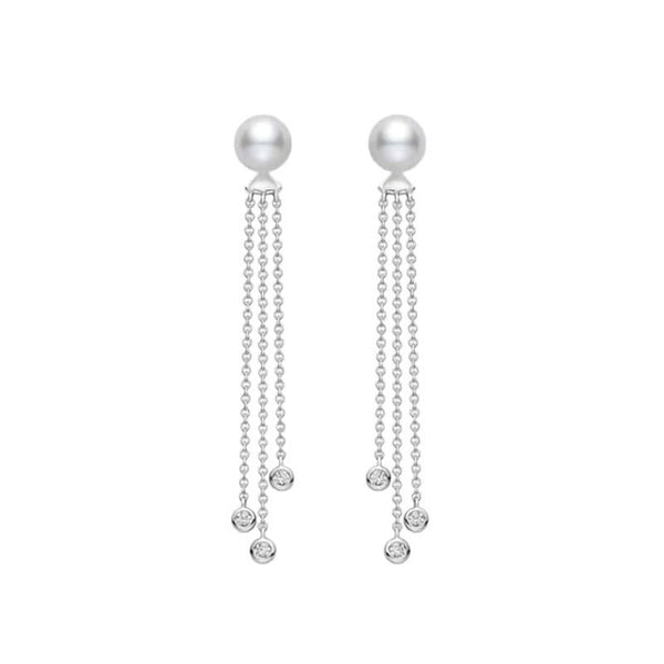 Akoya Cultured Pearl and Diamond Dangle Drop Earrings in 18K White Gold - 1