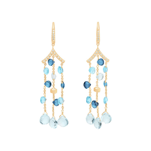 18K Yellow Gold Blue Topaz Chandelier Earrings with Diamonds, 2.5" - 1