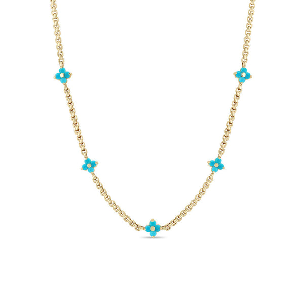 14k Prong Turquoise Quad Station Box Chain Necklace - 1