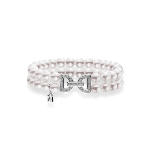 Akoya Cultured Pearl Double Row Bracelet with Diamond Clasp - 1