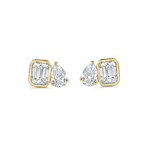 14K Gold Pear and Emerald Cut Diamond Earrings - 1.14ct - 1