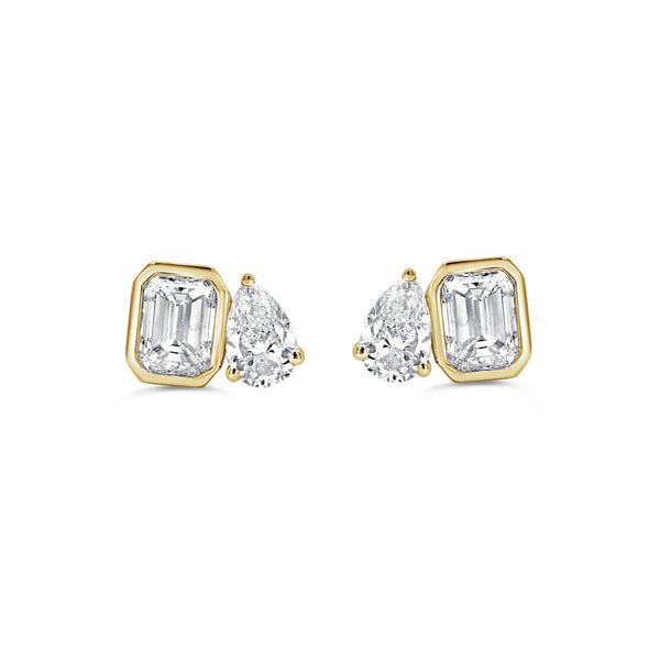 14K Gold Pear and Emerald Cut Diamond Earrings - 1.14ct - 1