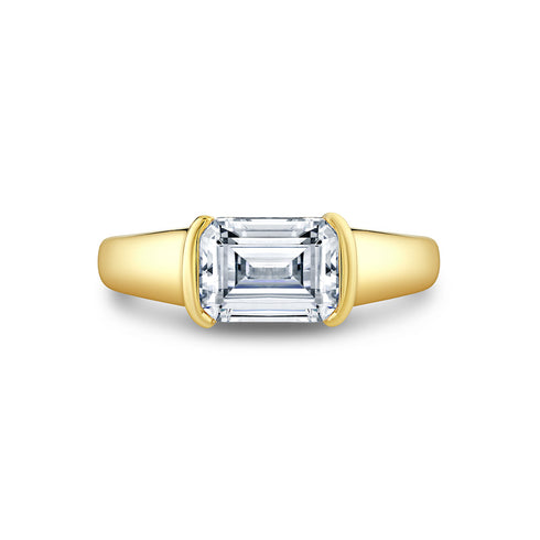 Yellow Gold East-West Emerald Cut Half Bezel Engagement Ring - 3