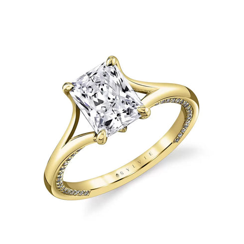 Yellow Gold Radiant Cut Engagement Ring with Split Shank and Hidden Pavé - 1